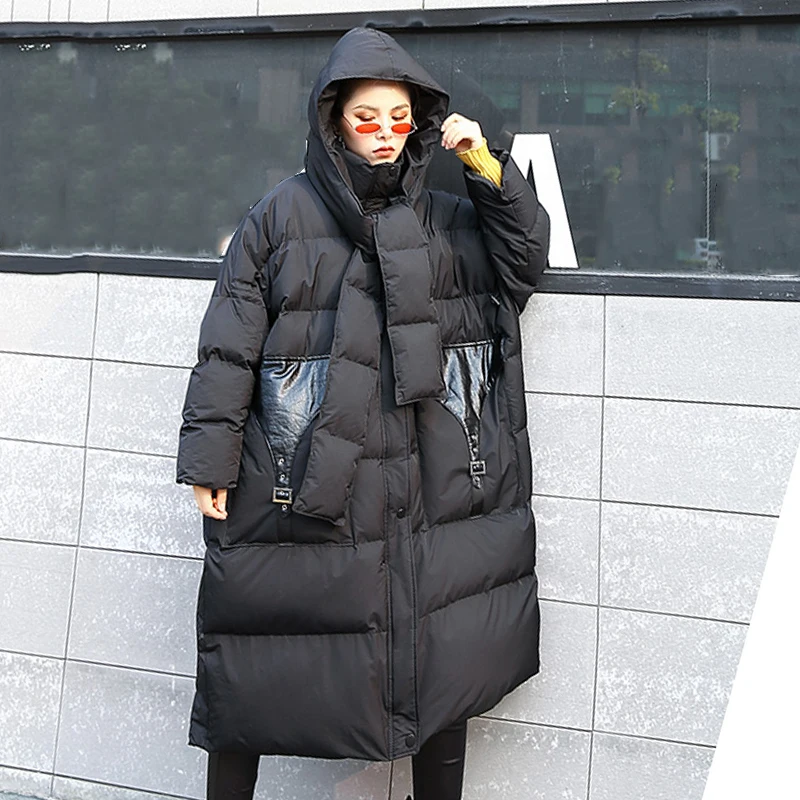CHICEVER 2018 Winter Women's Down Jackets Detachable Hooded Long Sleeve Patchwork Leather Thick Coat Female Fashion Tide | Женская