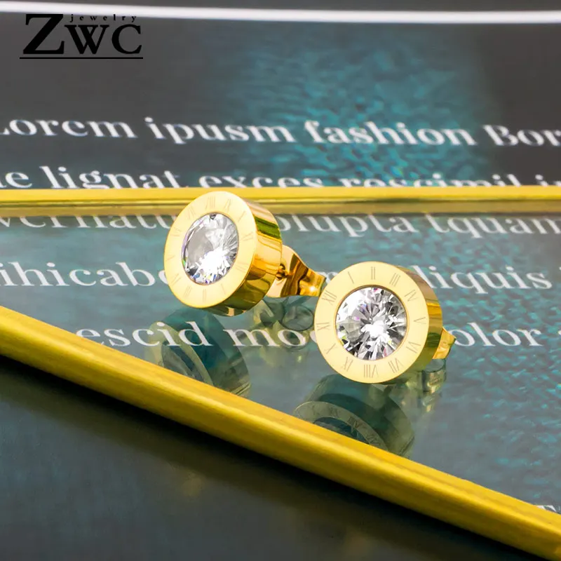ZWC модные круглые антиаллергенные серьги-гвоздики из титановой стали с римскими цифрами для женщин и мужчин, серьги из нержавеющей стали с кристаллами, ювелирные изделия - Окраска металла: Gold