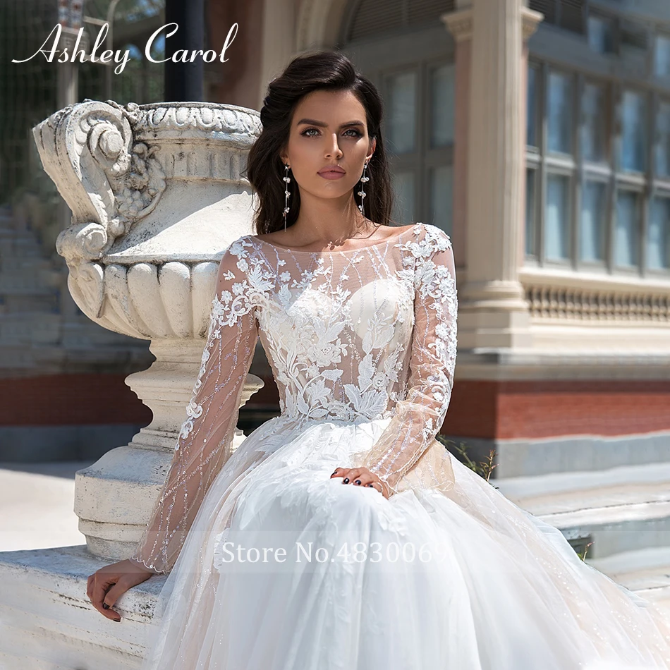 Ashley Carol Illusion эластичный длинный рукав свадебное платье с открытой спиной новое платье невесты с аппликацией со шлейфом Свадебное платье для принцессы