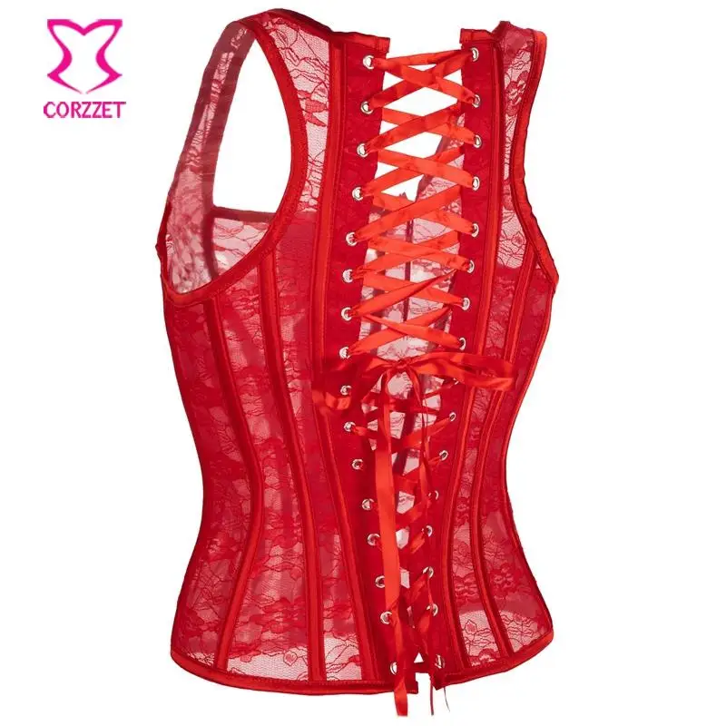Красный кружевной жилет с u образным вырезом корсет сексуальная Готическая