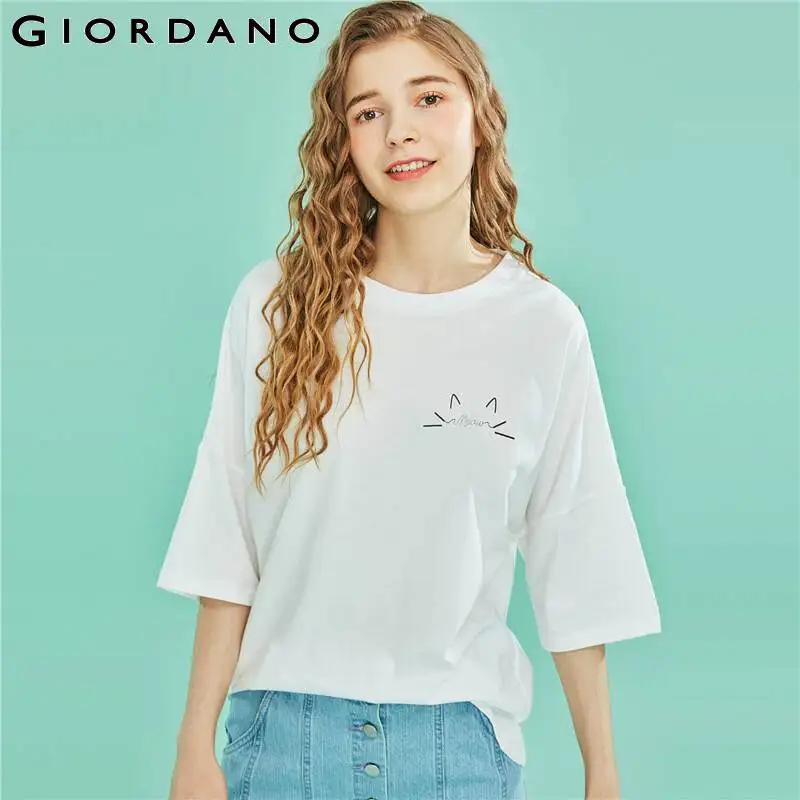 Giordano женская футболка белая с графическим принтом рисунком кота коротким