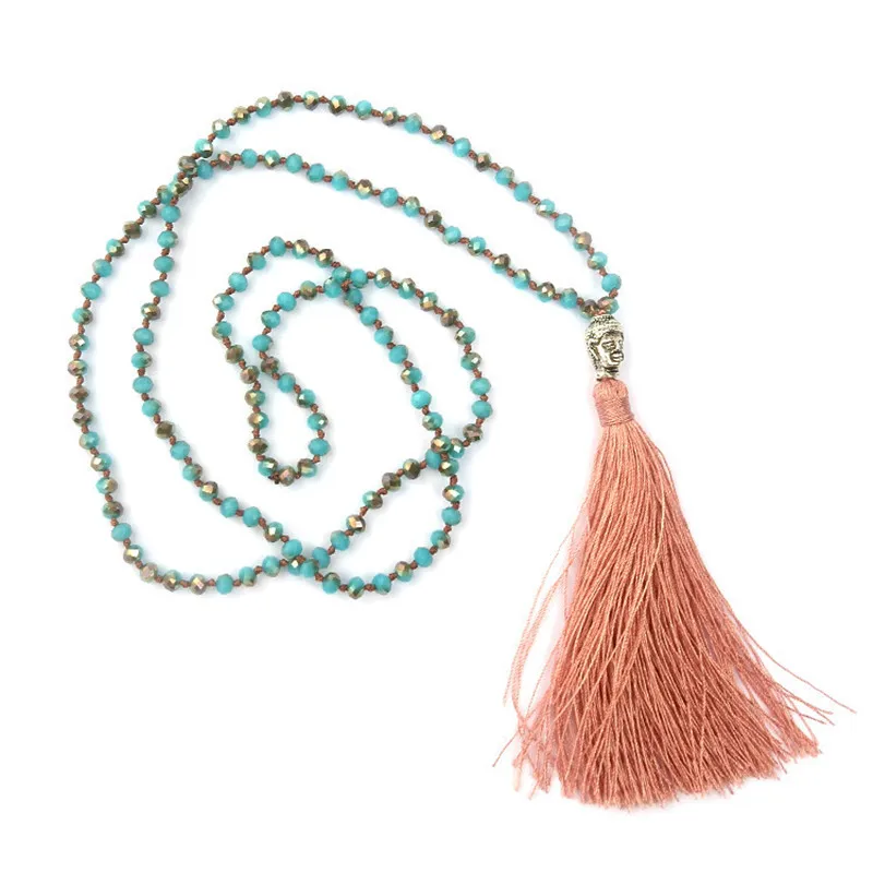 

LNRRABC Hot 1 Pc Bohemian Style Buddha Beadle Pendant Tassel Crystal Beads Long Chain Handmade hot sale Statement Necklace