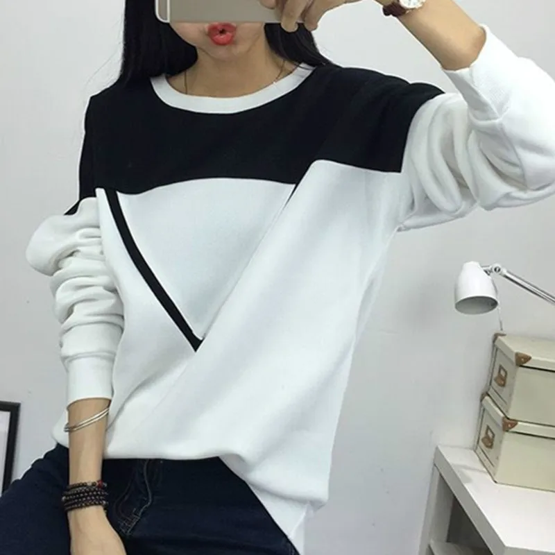 2018 Зима Новая мода черный и белый цветной пэчворк толстовки женские V шаблон