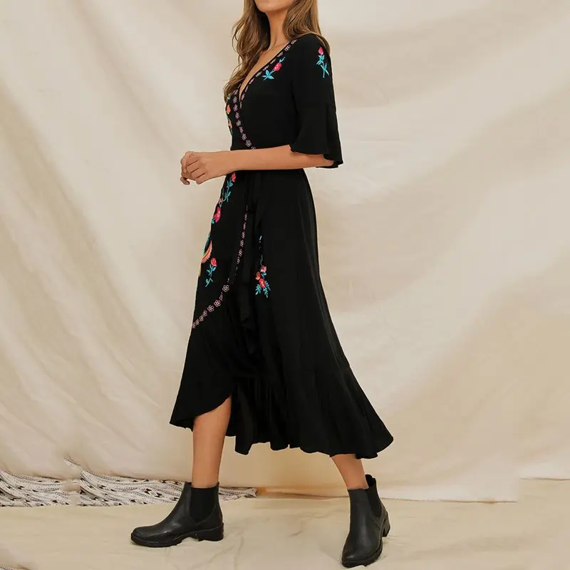Летние черные шикарные Бохо милые элегантные вечерние сексуальные женские миди