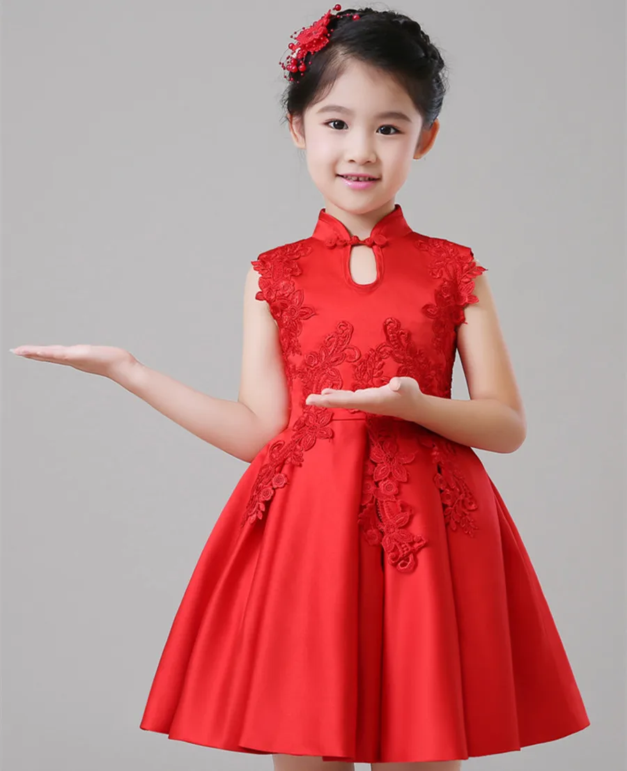 red dress Г. Весеннее новое платье принцессы Ципао для девочек костюмы для дня рождения с цветочным узором для девочек, платье-пачка с вышитыми цветами или с запахом, 2 шт - Цвет: red dress