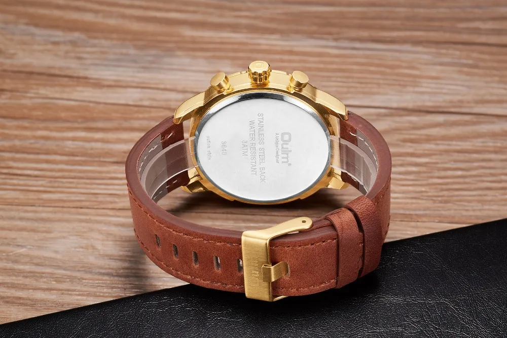 Мужские кварцевые часы OULM повседневные оверсайз с кожаным ремешком и календарем