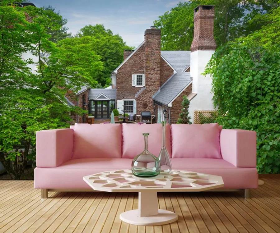 Большие фрески дома фонтаны особняк дизайн деревья города обои гостиная диван ТВ