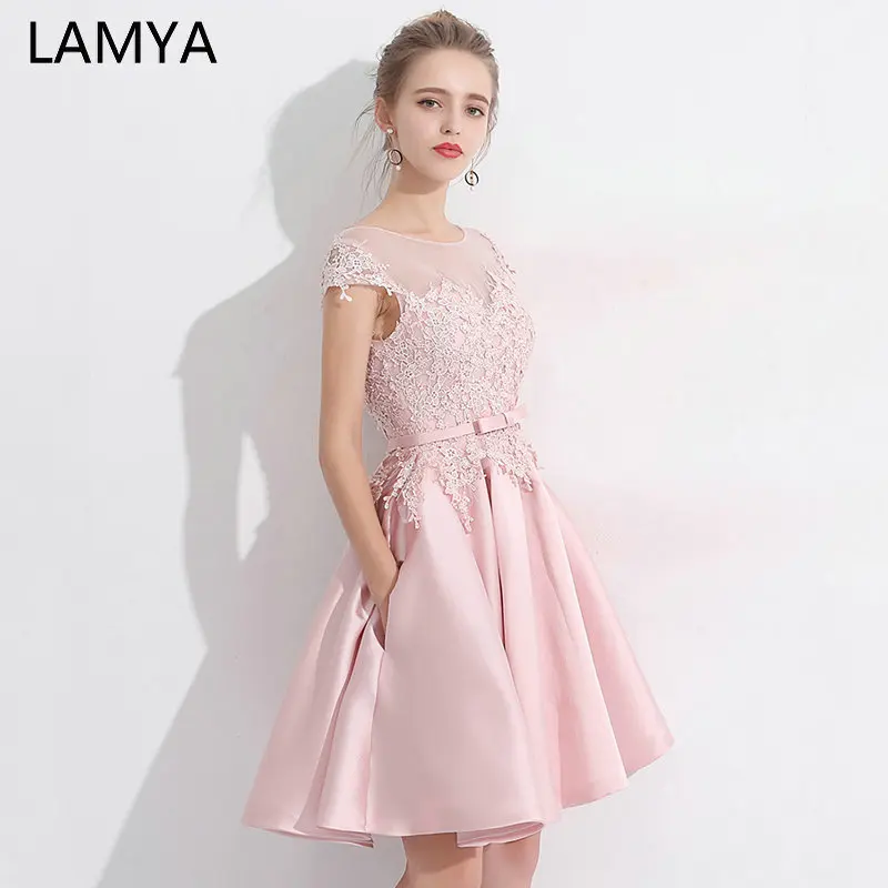 LAMYA, розовое кружевное атласное женское короткое платье для выпускного вечера, элегантные свадебные вечерние платья, vestido de festa