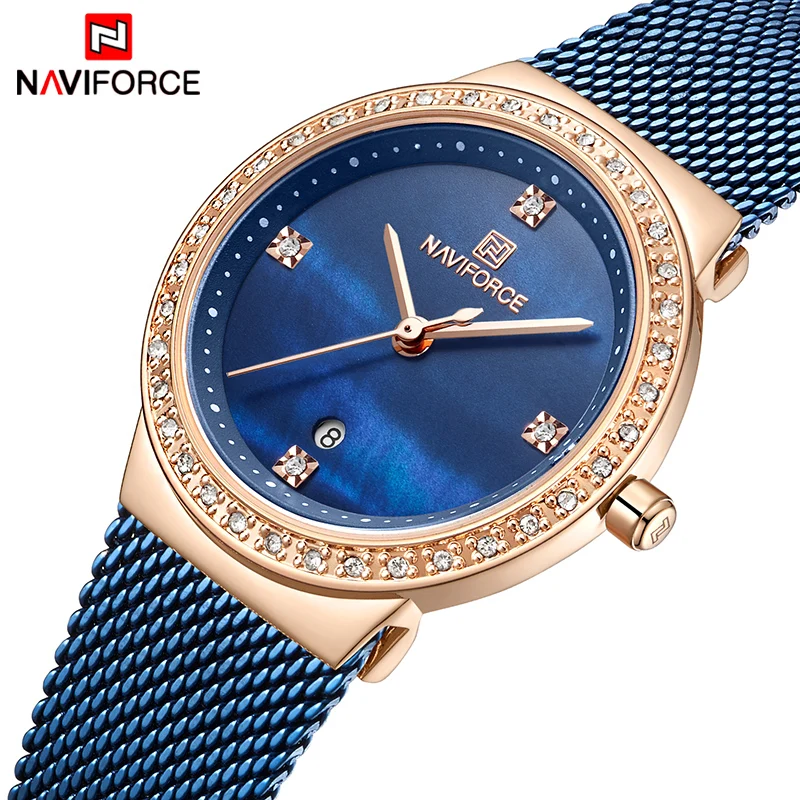 Модные брендовые женские кварцевые часы NAVIFORCE с сетчатыми ремнями из нержавеющей