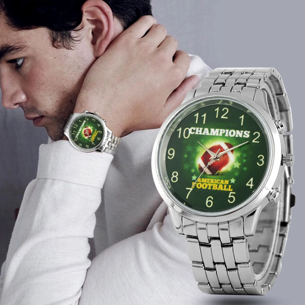 

Classic American Rugby Ball Pattern Watch for Men Large Roman Numerals Dial Quartz Alloy Strap Watches Wristwatch Gift for Teens
