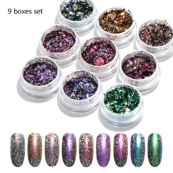 9pcs chameleon 8 коробок радужные блестящие яркие блестки для ногтей порошок Набор идеальные объемные ногти пыль лазерный пигмент хром Серебристое украшение - Цвет: 9pcs chameleon