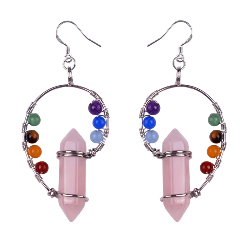 JOYA Fashion 7 Chakra Natural Stone Hexagonal Column 925 Sterling Silver Yoga Treatment Department Exaggerated Women's Earrings