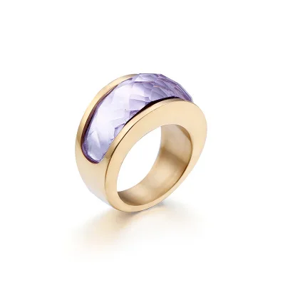 Light purple(Gold) Роскошные женские обручальные кольца из нержавеющей стали 316L с кристаллами, кольца с цветным камнем для девушек и девушек, вечерние ювелирные изделия, подарки - Цвет основного камня: Light purple(Gold)