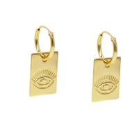 vintage women jewelry gold filled engrave evil eye signet square tag drop charm hoop earring