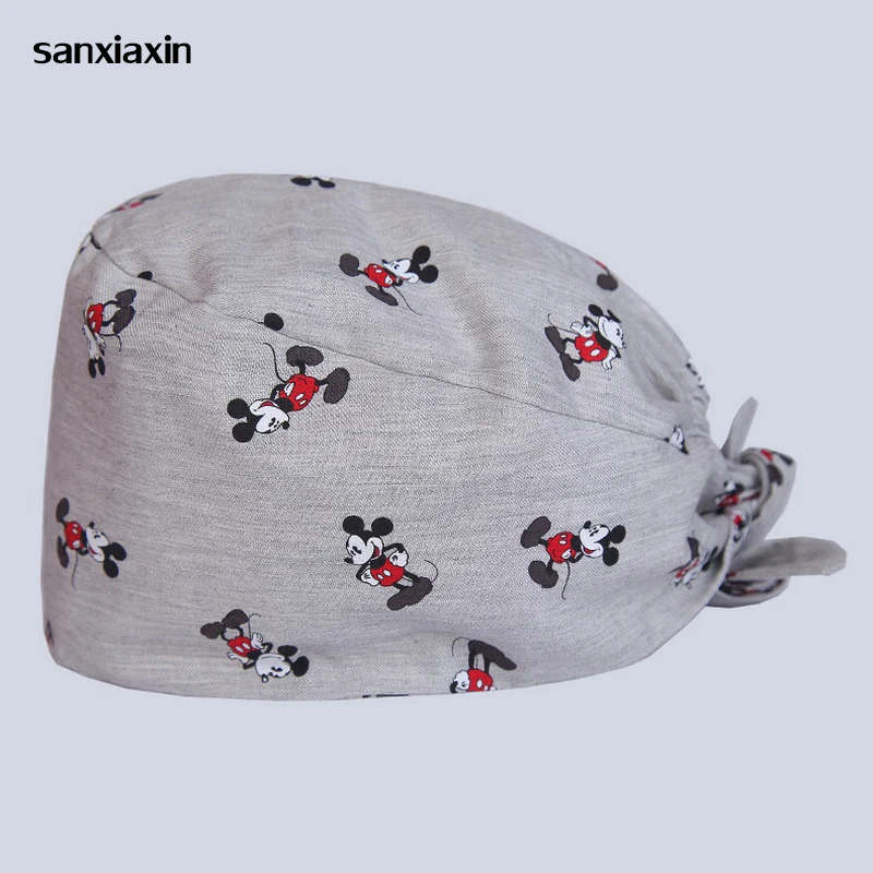 Viaoli new Cotton Scrub Caps for Women and men Hospital Medical Hats Print cat in Black Tieback Elastic Section Surgical Caps