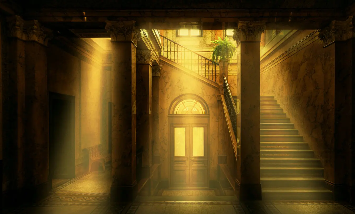 

Фон для студийной фотосъемки с изображением интерьера лестницы колонны светильник