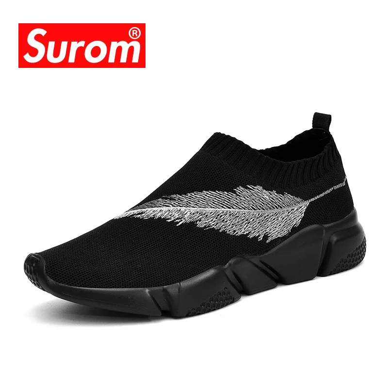 SUROM Breathable Fashion Sneakers Men Soft Mesh Slip on Men's Casual Shoes Elastic fabric Loafers Driving male shoes adult | Обувь