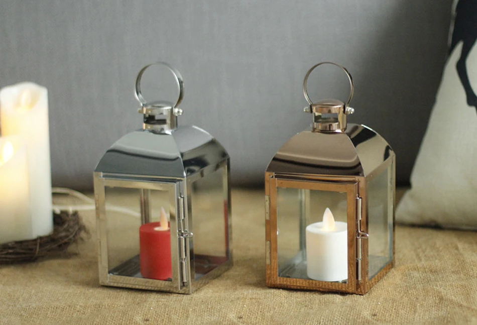Nordic Lantern Candle Holder Rose Gold Stainless steel Candlestick Glass wind lamp candle holder Home Party Decoration Gift