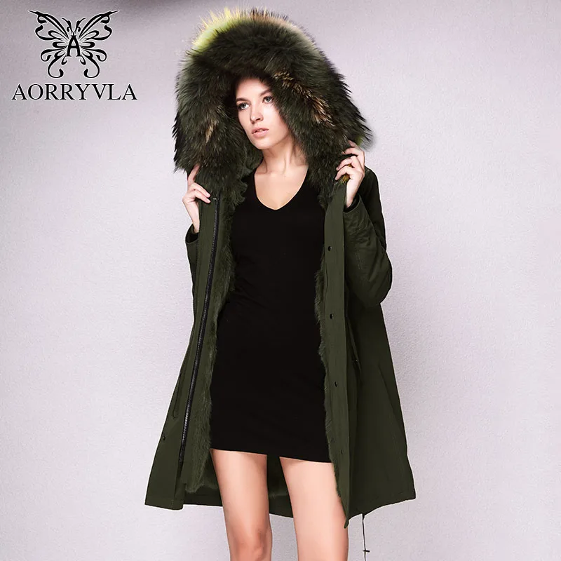 AORRYVLA 2017 зимние женские натурального меха куртка парка длинные модель армейский