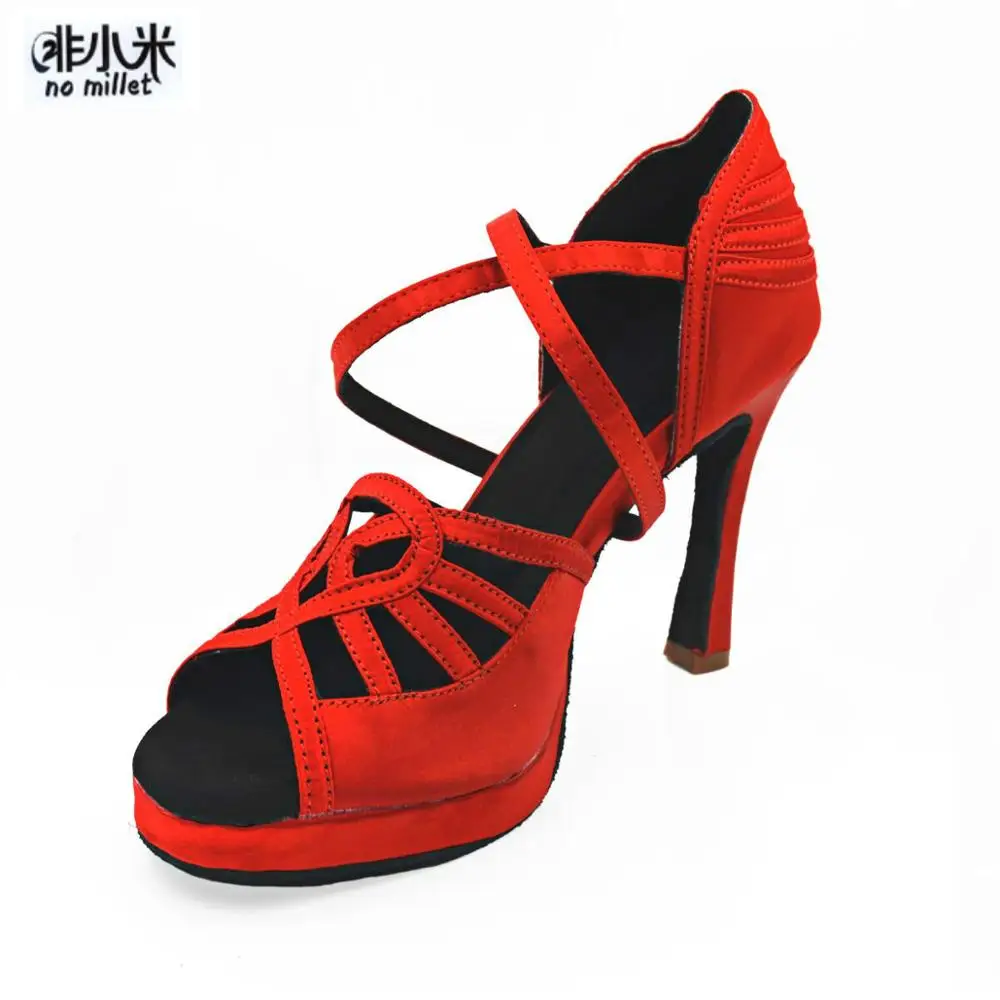Red-10cm ES dance/Красная атласная Женская обувь для латинских танцев на платформе 10 см; Танцевальная обувь из черного сатина для сальсы; обувь для латинских танцев; женская обувь для бальных танцев - Цвет: Red-10cm
