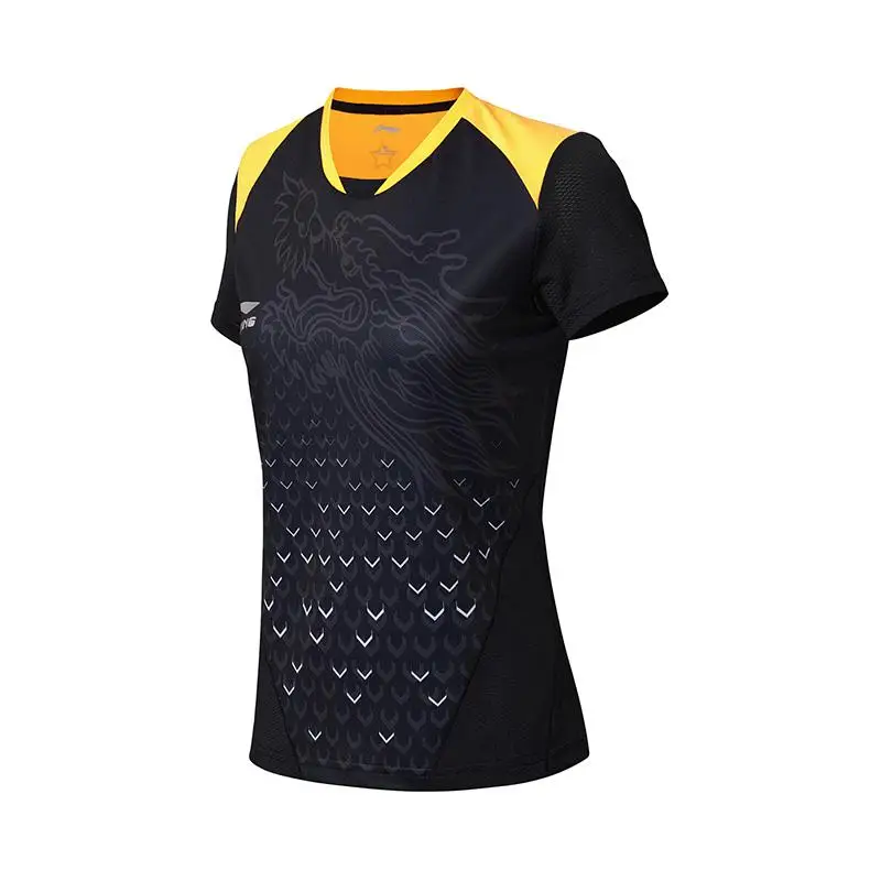 Li-Ning женские настольные теннисные футболки для сборной дышащая подкладка тренировочные спортивные футболки топы AAYN052 CAMJ18 - Цвет: Черный