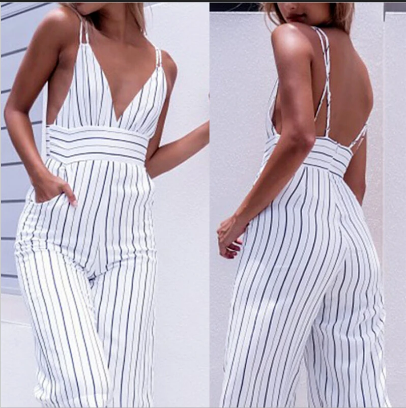 Женский комбинезон в полоску с V образным вырезом|party jumpsuit|stripe playsuitfashion playsuits |