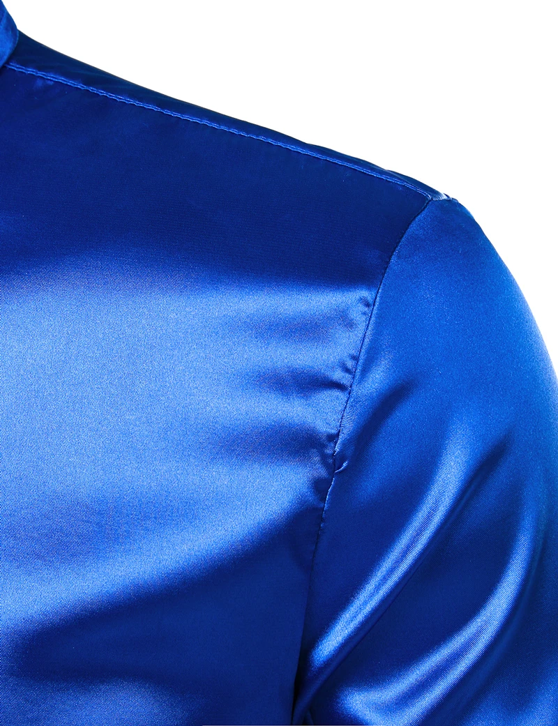 Men's Royal Blue Silk Satin Dress Shirts with White Bowtie New Slim Fit Long Sleeve Men Tuxedo Shirt for Party Wedding 3XL