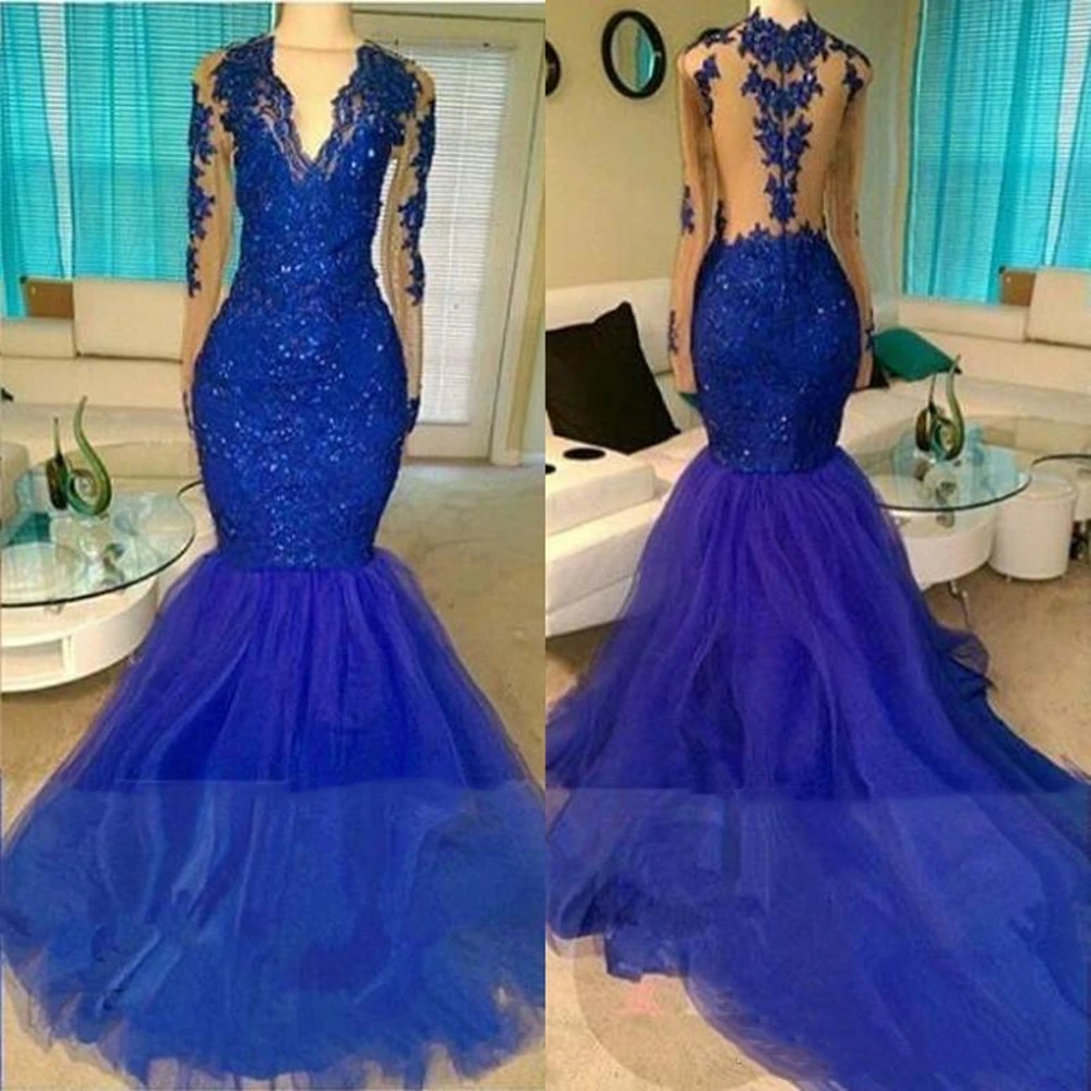 

Real Shinny Royal Blue Mermaid Prom Dresses Sexy Long Sleeves Sheer Backless Appliqued Sequined Long Tulle Party Evening Gowns