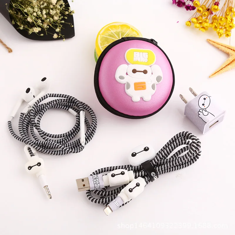 Красивый милый мультфильм USB кабель наушники протектор набор с кабелем Стикеры для намотки Спиральный шнур протектор для iphone 5 6 6s 7plus - Цвет: Big hero