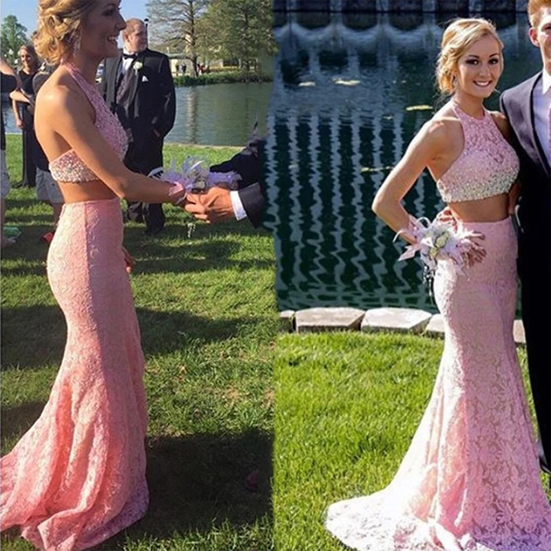 Очаровательный Розовый Холтер Русалка Пром Dress 2017 Сексуальная Спинки Кружева