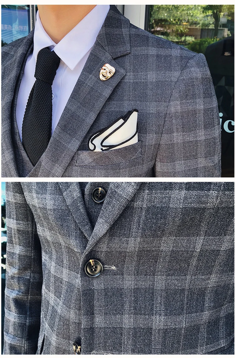 

3-piece Set ( Jacket + Vest + Pants ) New Men's High-end Brand Official Plaid Business Suit / Men Suit Groom Wedding Dress Suit