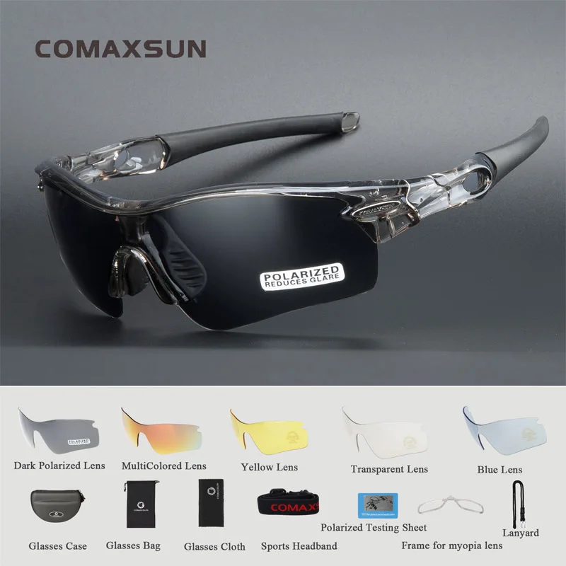 Gray Black COMAXSUN, Профессиональные поляризованные велосипедные очки, велосипедные очки, спортивные велосипедные солнцезащитные очки, UV 400, с 5 линзами, 5 цветов - Цвет: Gray Black