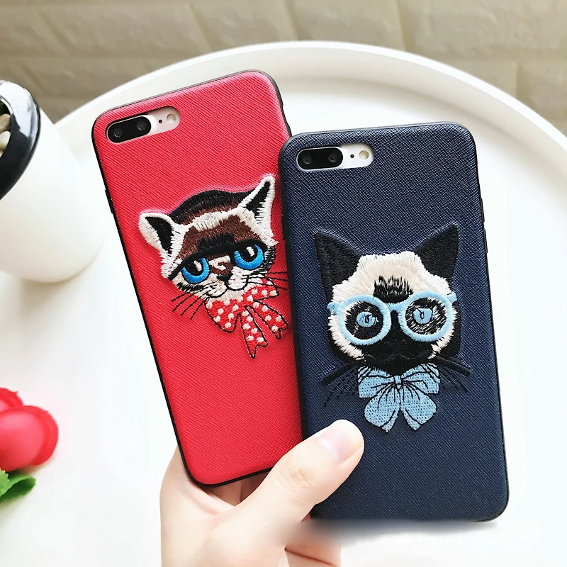 free shipping New 3D Embroidery Cute Cat Animal Pattern Case for iPhone 7 Plus TPU+PC Back Cover |