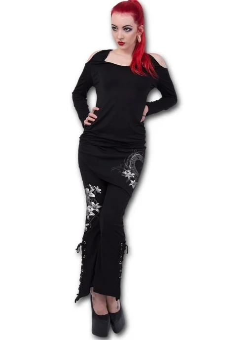 

YSMARKET S-5XL Women 2 in 1 Boot Cut Leggings Plus Size Micro Slant Skirt Pants Gothic Punk Lace Up Bell Bottom Leggings E22045