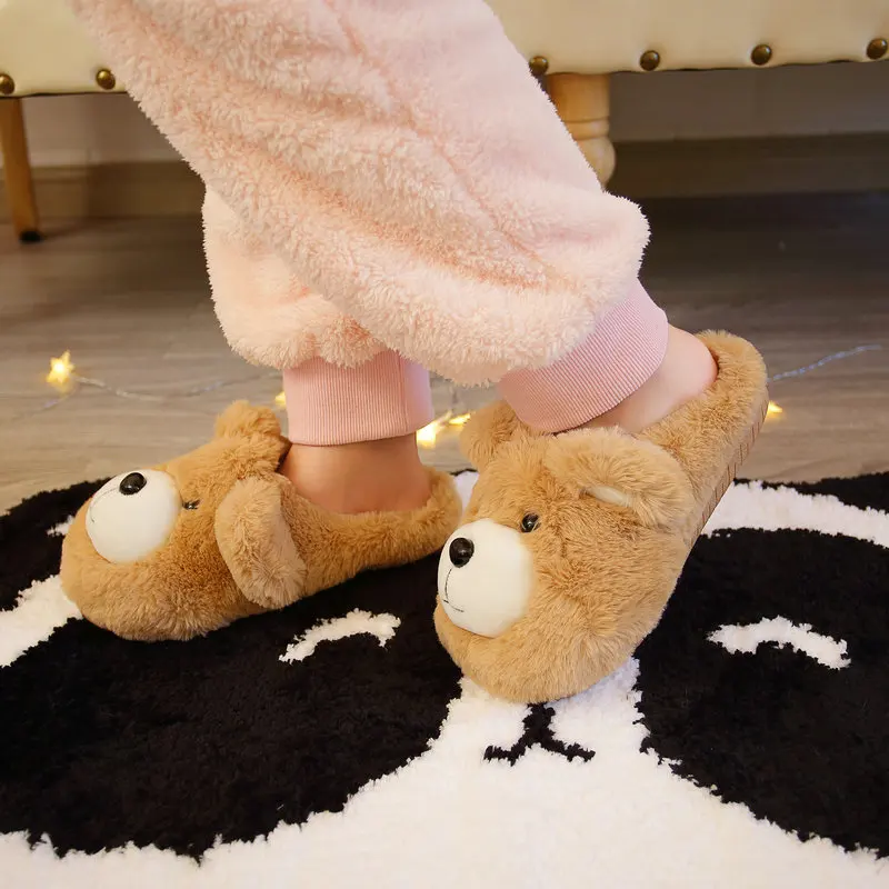 Милые зимние тапочки из хлопка для пары; домашняя обувь на толстой подошве; женские тапочки с медведем