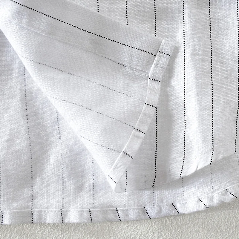 Новинка 2018 брендовая Мужская льняная рубашка в полоску с коротким рукавом