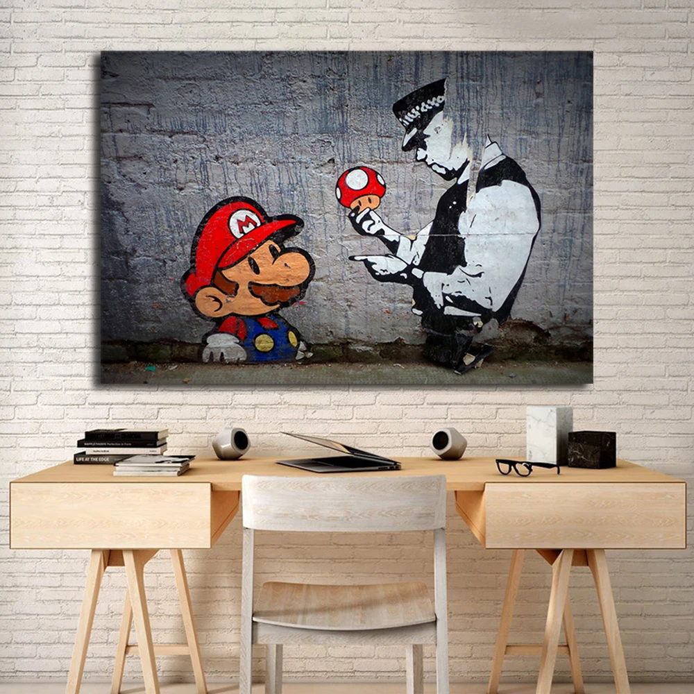 Mario With Police Street Art HD холст плакаты печать картина настенные картины для офиса
