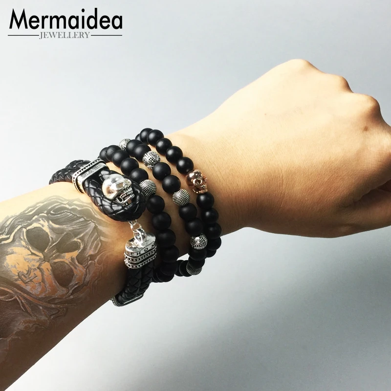 Bracelet Woven Leather Wrap Skull with Toggle Crap 2020 New silver plated Fashion Jewelry Punk Gift for Men Boy Women Girls | Украшения и