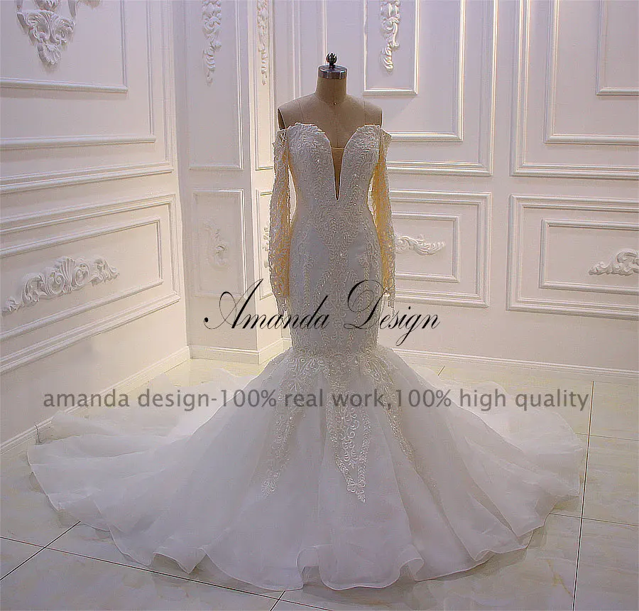 Аманда дизайн Vestido De Novias с открытыми плечами длинным рукавом Кружева аппликации Русалка свадебное платье