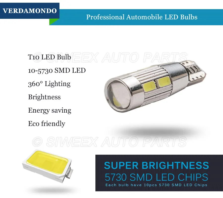 W5W светодиодный T10 10 SMD 5630 5730 автомобильные лампы 168 194 светильник поворота лампа