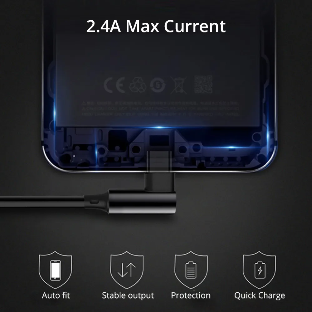 FONKEN usb type-C кабель 90 градусов для быстрой зарядки 2.4A передачи данных изогнутый