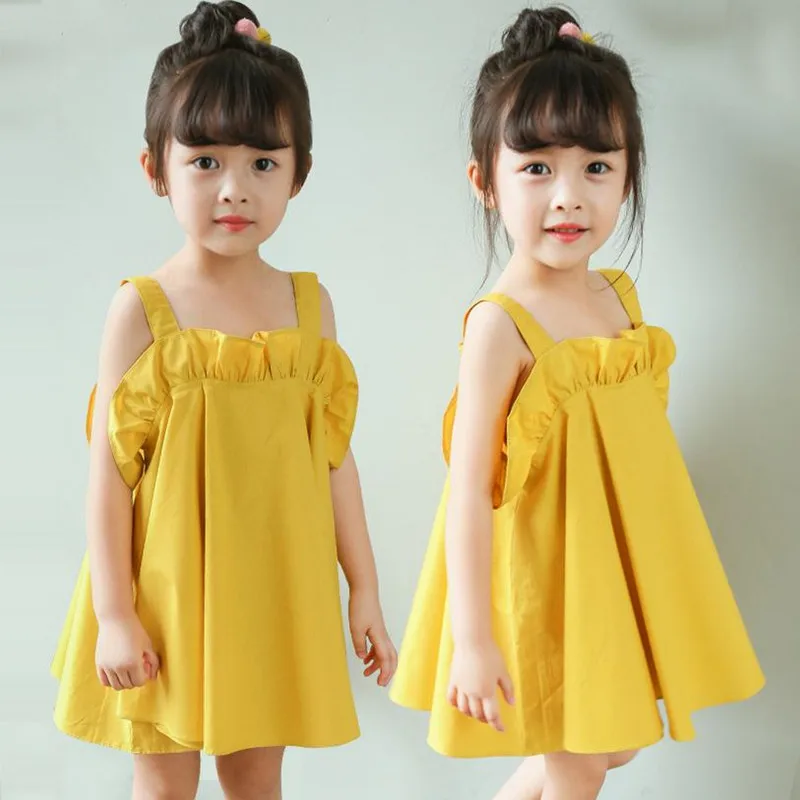 DFXD Toddler Girls Clothing Kids Summer Dress 2018 New Soild Pink/Yellow Sleeveless Strap Birthday Party Baby Beach | Детская одежда и