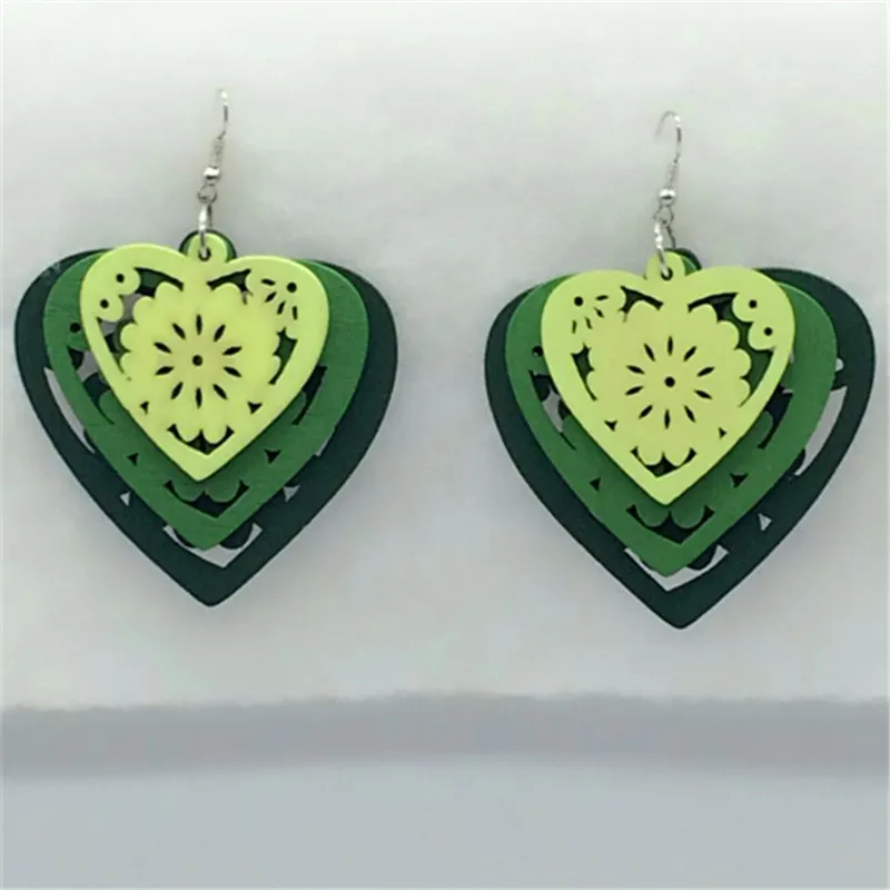 Новинка 2016 деревянные серьги подвески в форме сердца трехцветные длинные