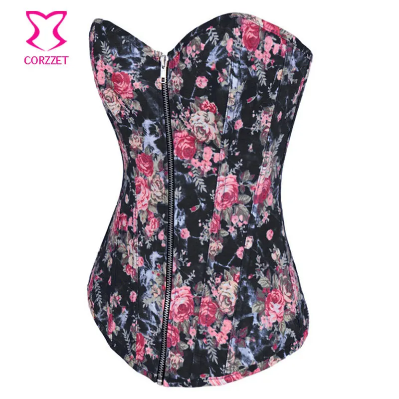 Корсеты и с цветочным принтом Джинсовый корсет на молнии сексуальный готический
