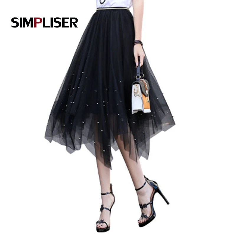 Простая плиссированная юбка с высокой талией для женщин 2018 черная эластичная