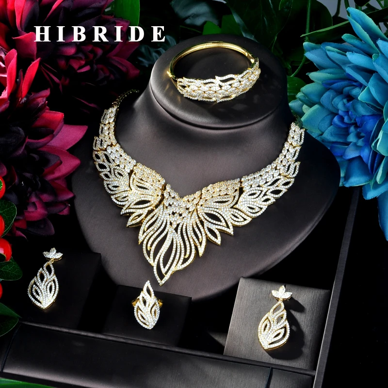 HIBRIDE большой роскошный дизайн золотого цвета женский свадебный комплект ювелирных изделий ожерелье серьги комплект ювелирных изделий для ...
