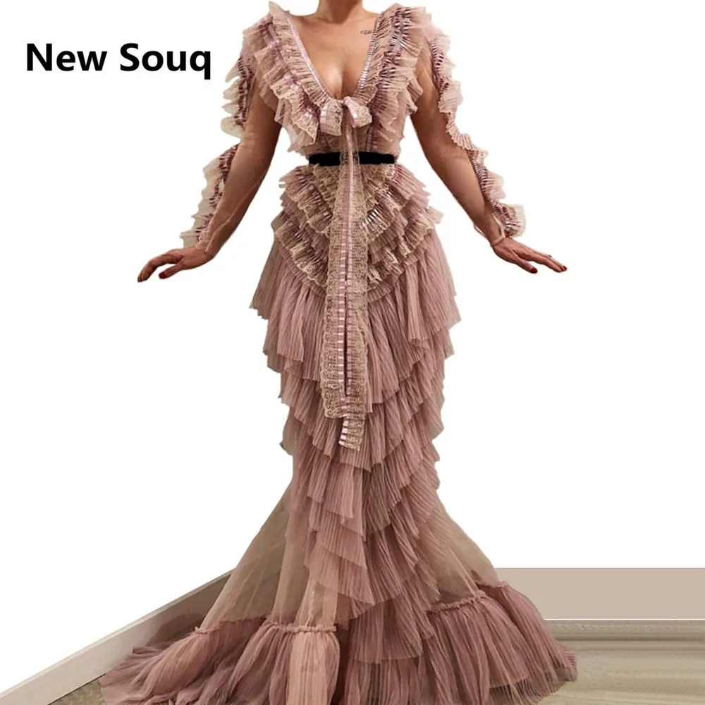 Модные вечерние платья русалки с рюшами Сексуальные v образным вырезом и