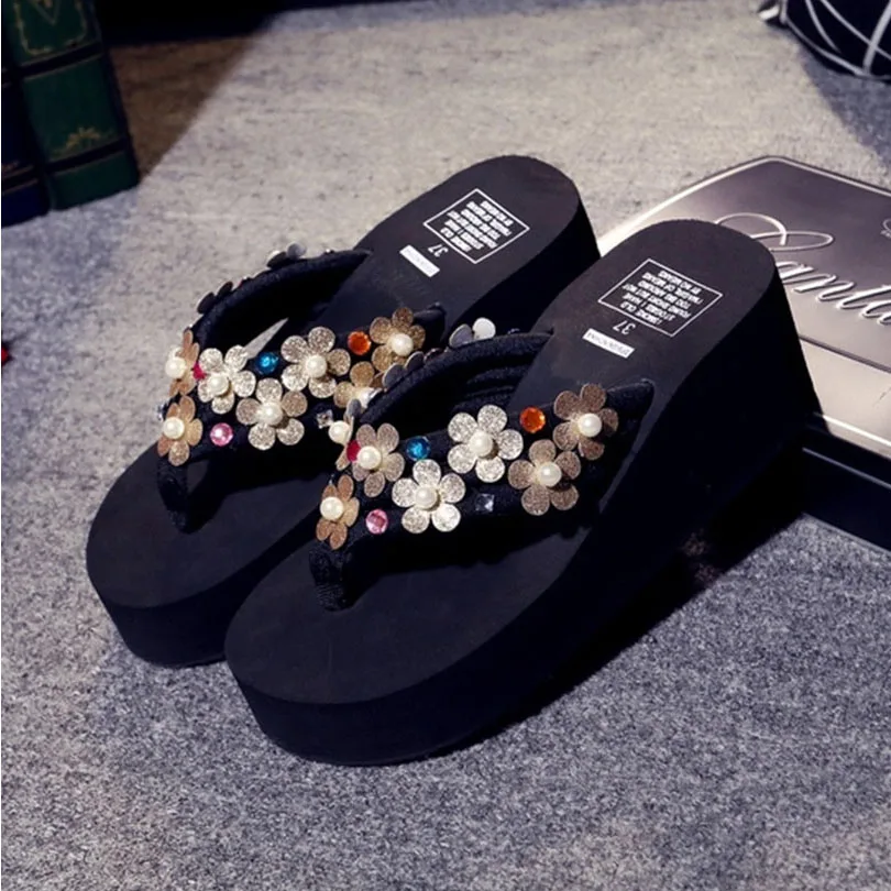 Шлепанцы ручной работы с блестящими цветами для женщин пляжные шлепанцы в