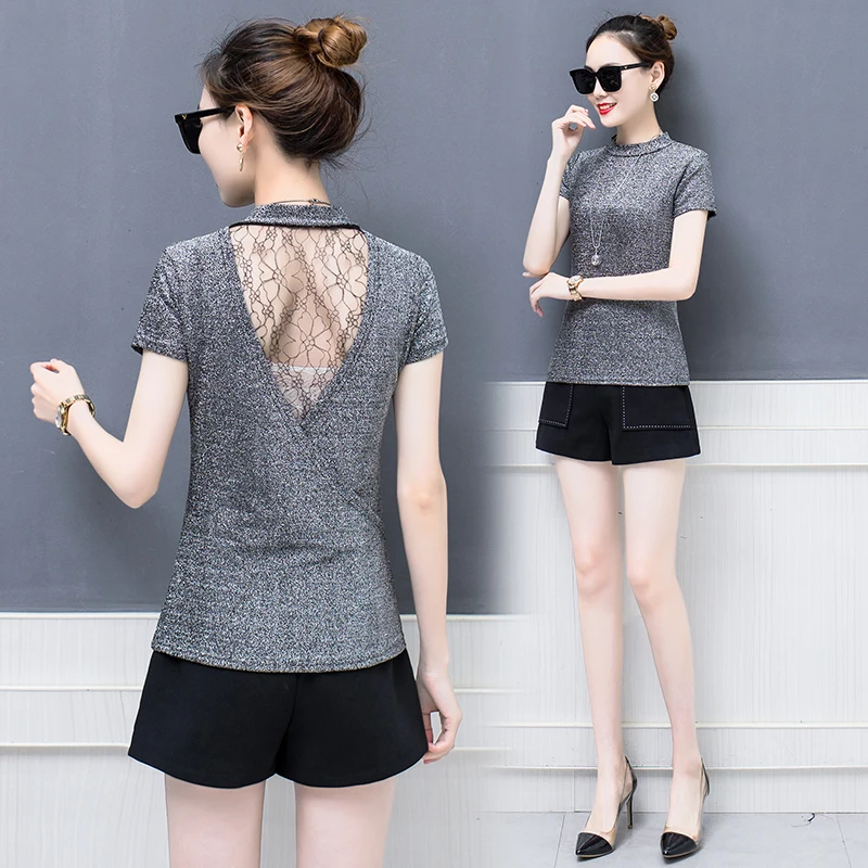 Сексуальные сетчатые футболки с люрексом женские топы модная Однотонная