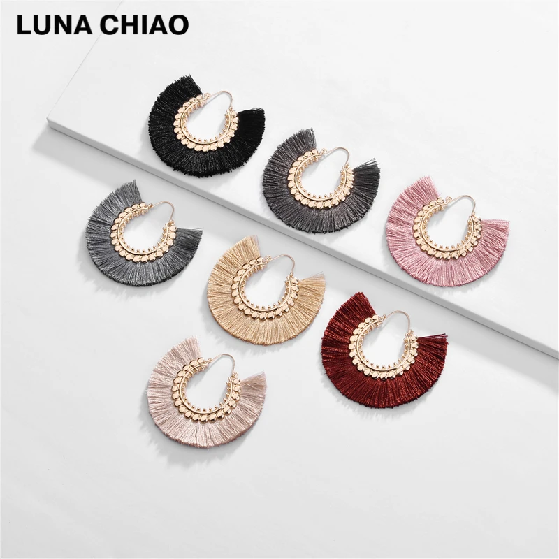 Женские серьги подвески с бахромой LUNA CHIAO Осенние металлические и кисточками